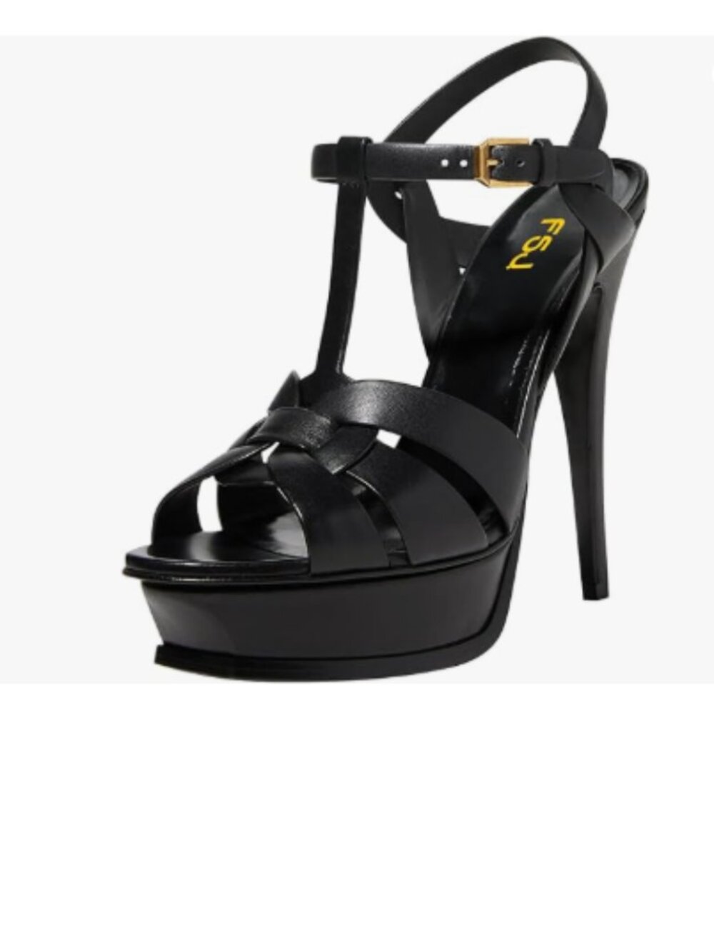 FSJ Black T-Strap Platform with Peep Toe Ankle Strap, Stiletto Heels, Sandals